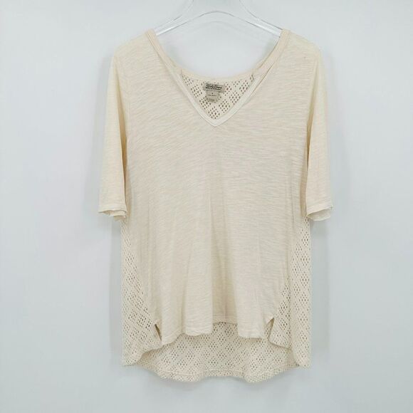 Lucky Brand Size Large Cream V Neck Short Sleeve Boho Knit Back T Shirt Top - Picture 1 of 7